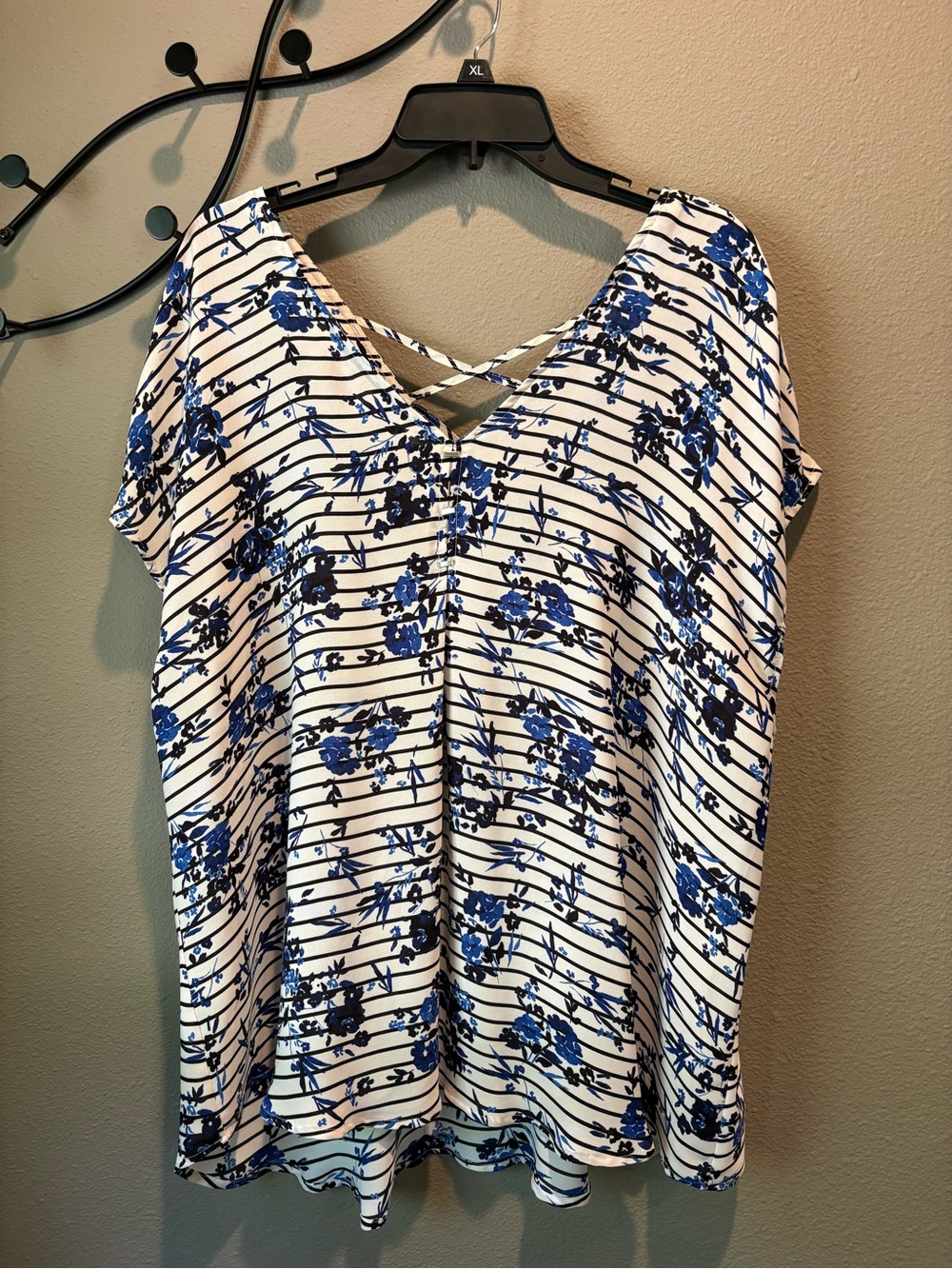 Blue Floral Striped V-Neck Women’s Top